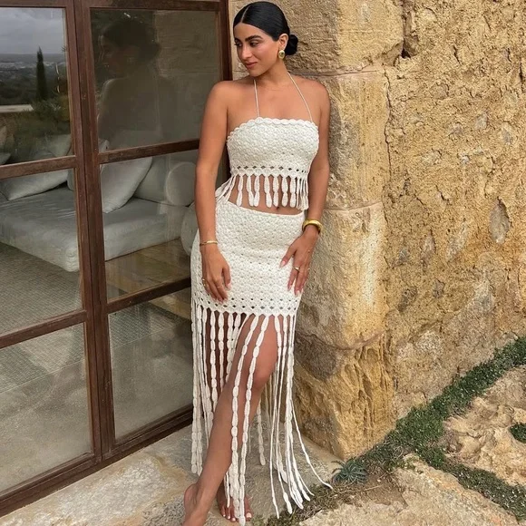 VICI Sweet Escape Fringe Crochet Crop Top & Maxi Skirt Set- large - Picture 3 of 12